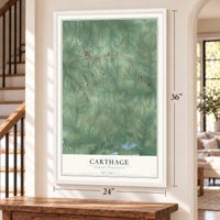 Carthage, North Carolina map, 24 x 36 inch print in a white frame by a staircase