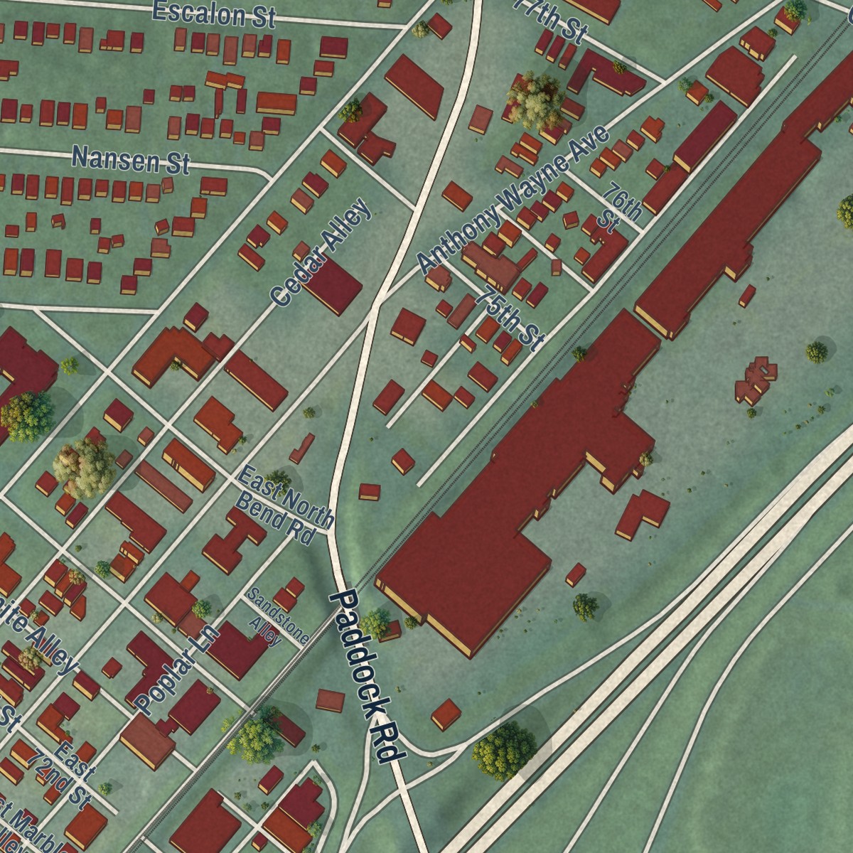Second close-up of the map of Carthage, Ohio print showing more streets and buildings