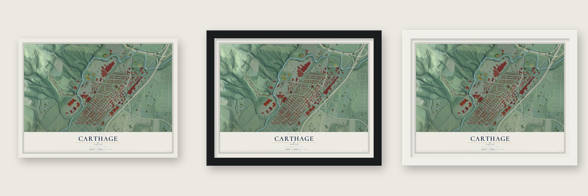 Carthage, Ohio map unframed, in a black wood frame and in a white wood frame