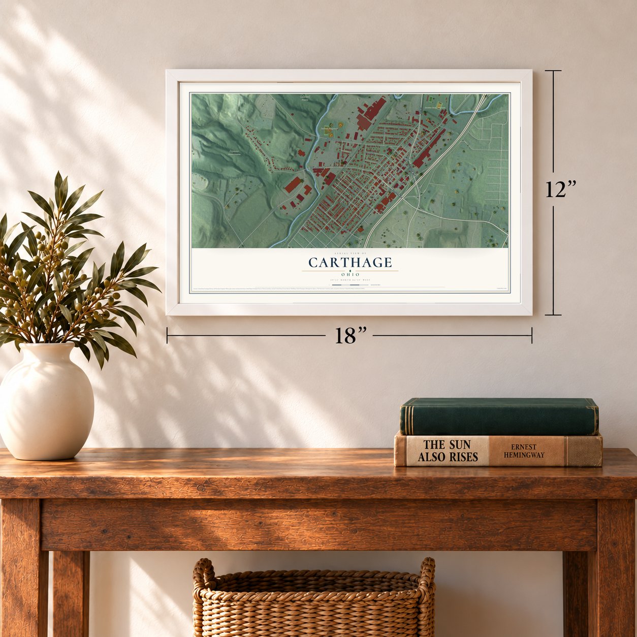 Carthage, Ohio map, 12 x 18 inch print in a white frame in an entryway