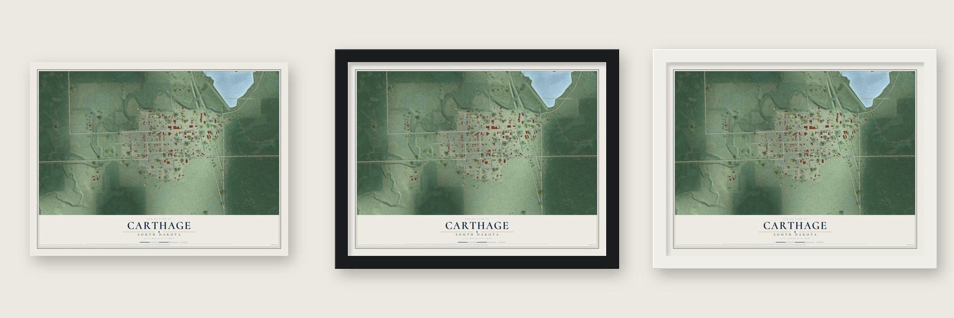 Carthage, South Dakota map unframed, in a black wood frame and in a white wood frame