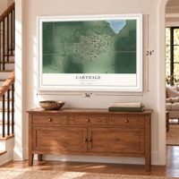 Carthage, South Dakota map, 24 x 36 inch print in a white frame above a dresser by a staircase