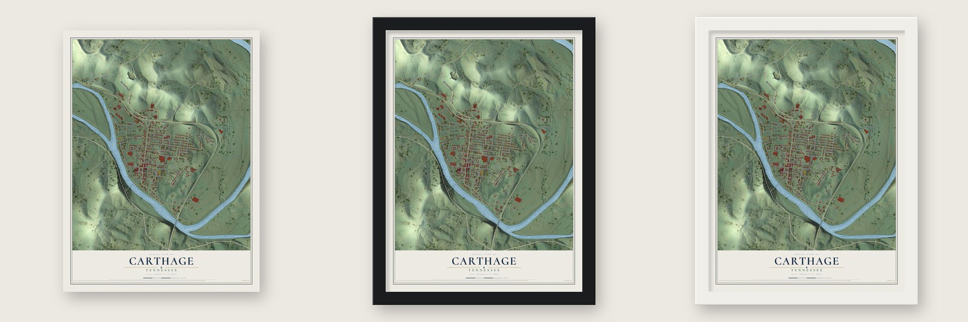 Carthage, Tennessee map unframed, in a black wood frame and in a white wood frame