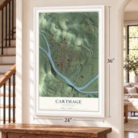 Carthage, Tennessee map, 24 x 36 inch print in a white frame by a staircase