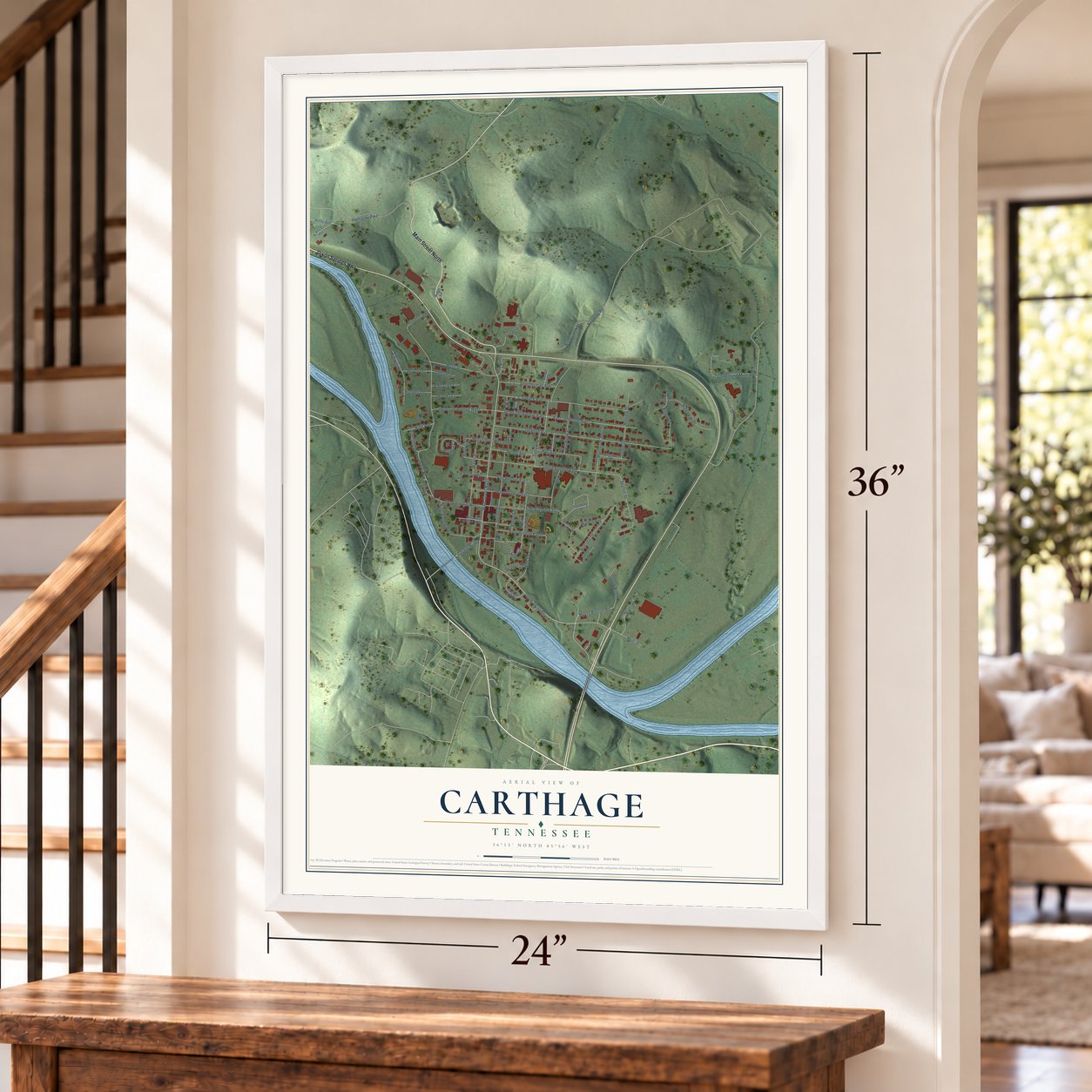Carthage, Tennessee map, 24 x 36 inch print in a white frame by a staircase