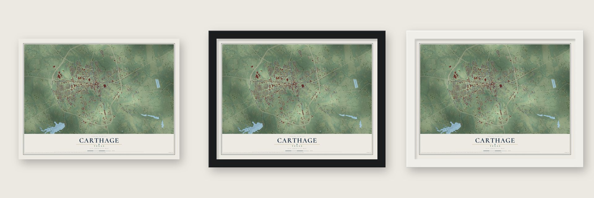 Carthage, Texas map unframed, in a black wood frame and in a white wood frame