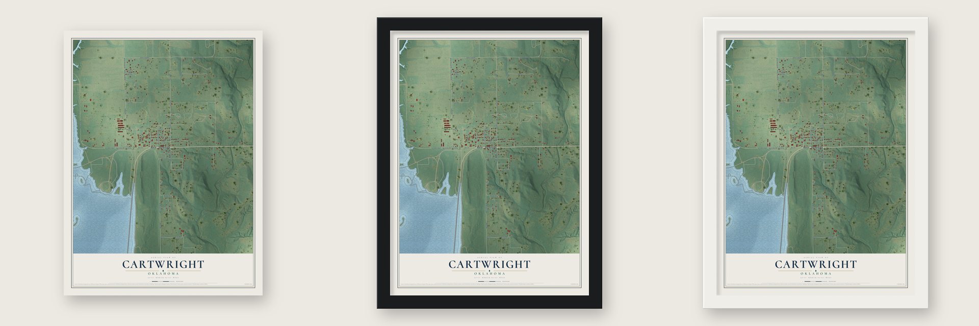 Cartwright, Oklahoma map unframed, in a black wood frame and in a white wood frame