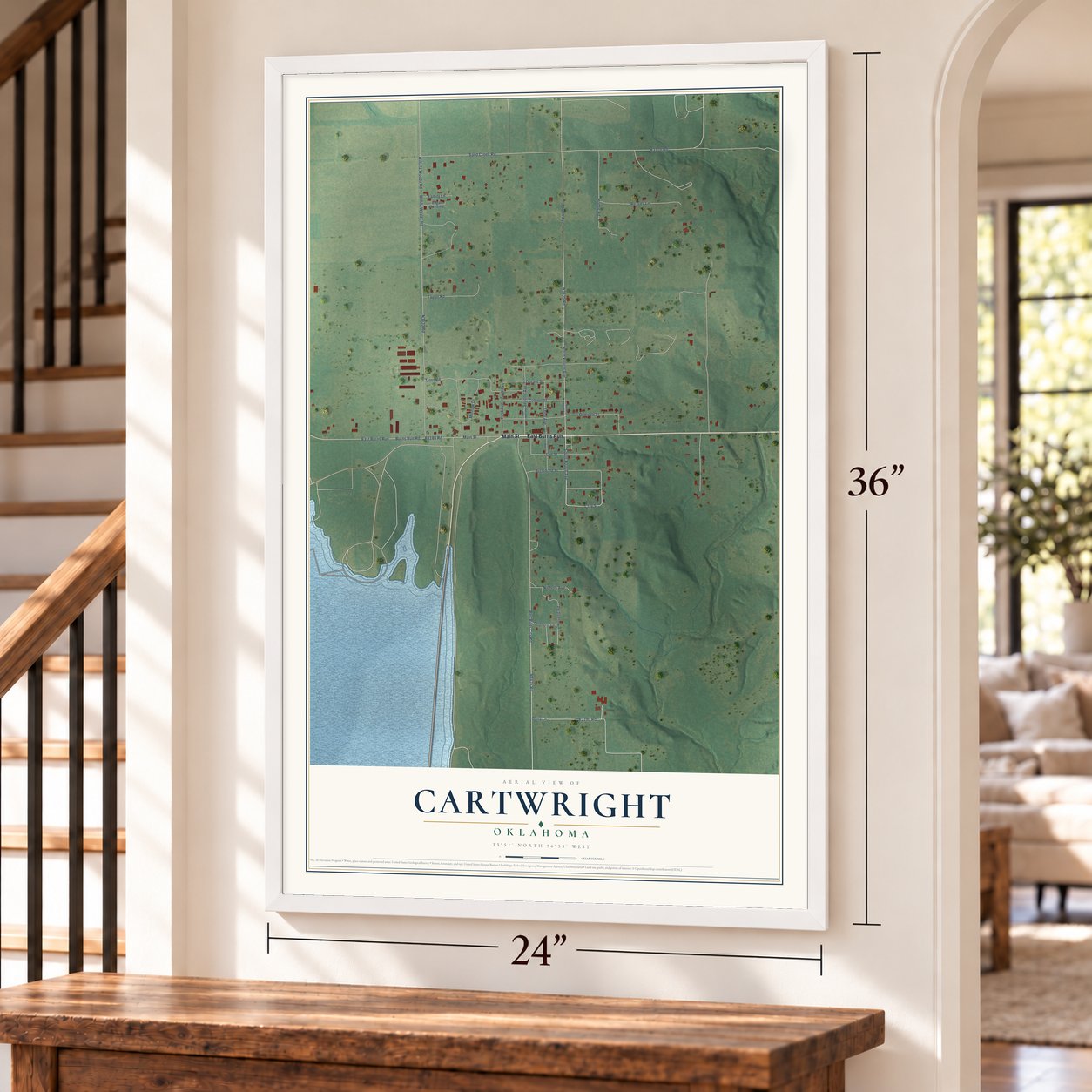 Cartwright, Oklahoma map, 24 x 36 inch print in a white frame by a staircase