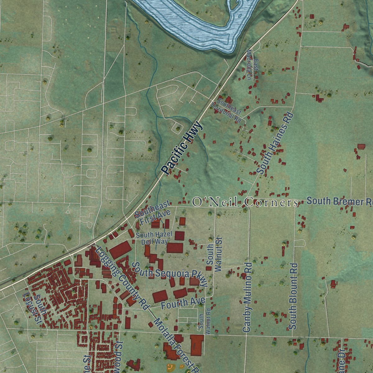 Second close-up of the map of Carus, Oregon print showing more streets and buildings
