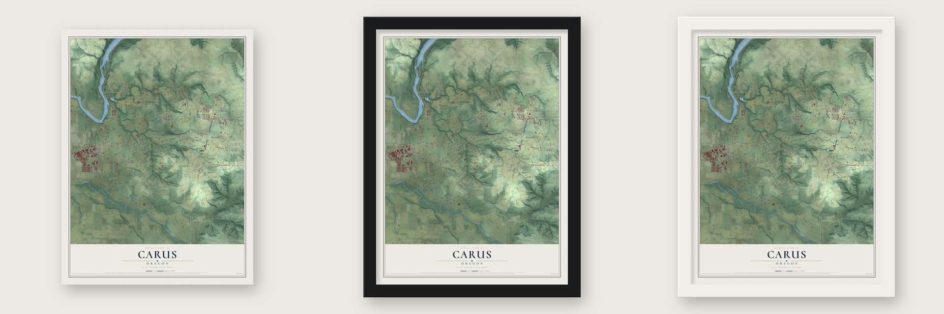 Carus, Oregon map unframed, in a black wood frame and in a white wood frame