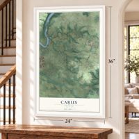Carus, Oregon map, 24 x 36 inch print in a white frame by a staircase