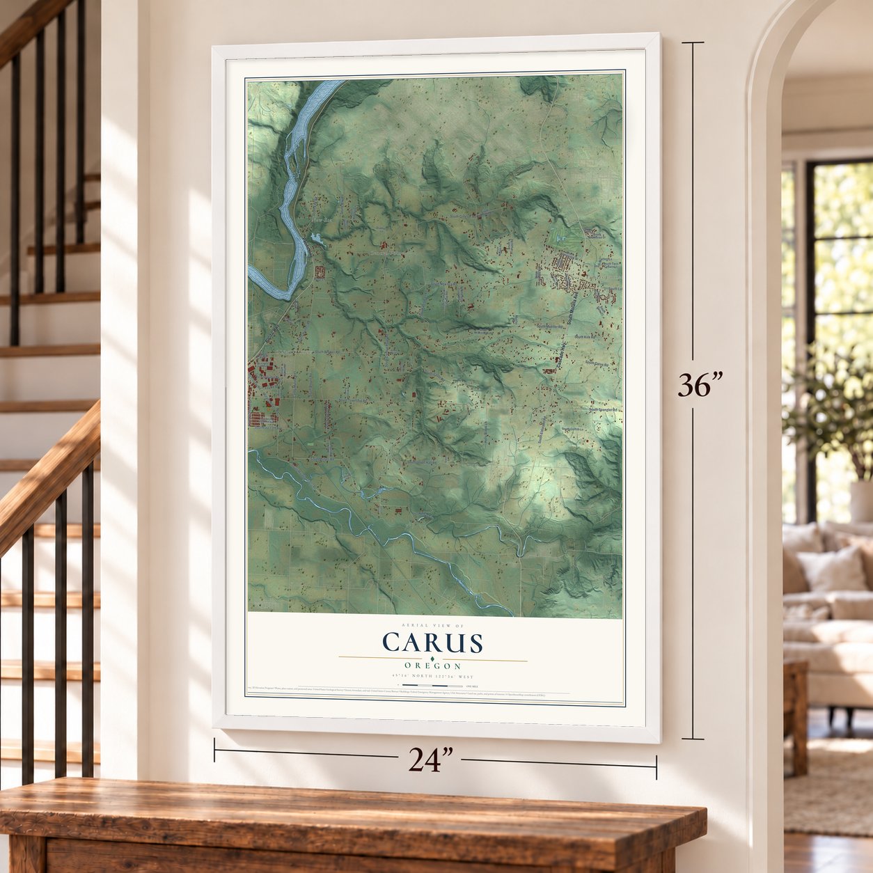 Carus, Oregon map, 24 x 36 inch print in a white frame by a staircase