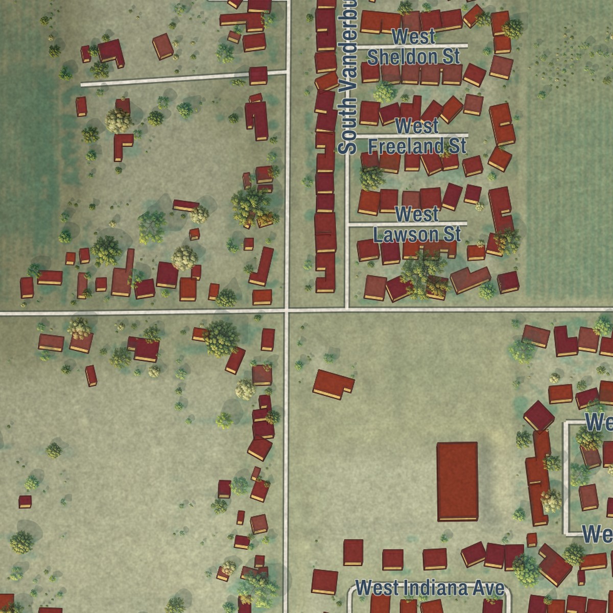 Second close-up of the map of Caruthers, California print showing more streets and buildings