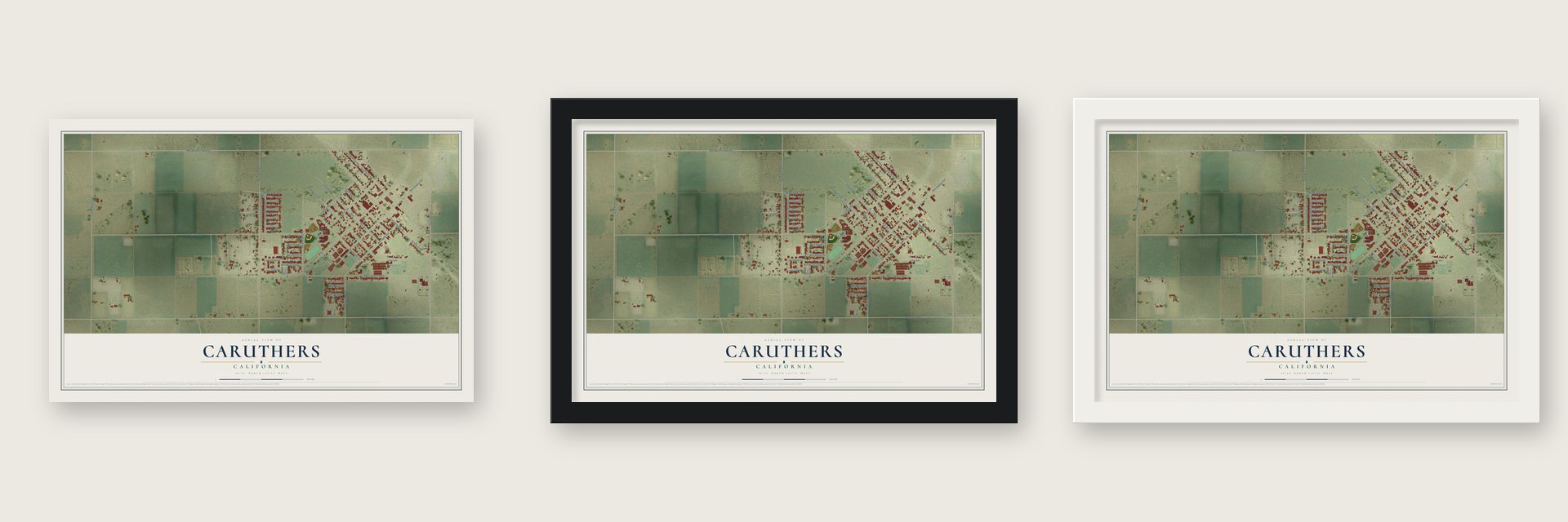 Caruthers, California map unframed, in a black wood frame and in a white wood frame