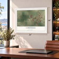 Caruthers, California map, 18 x 24 inch print in a white frame in a home office