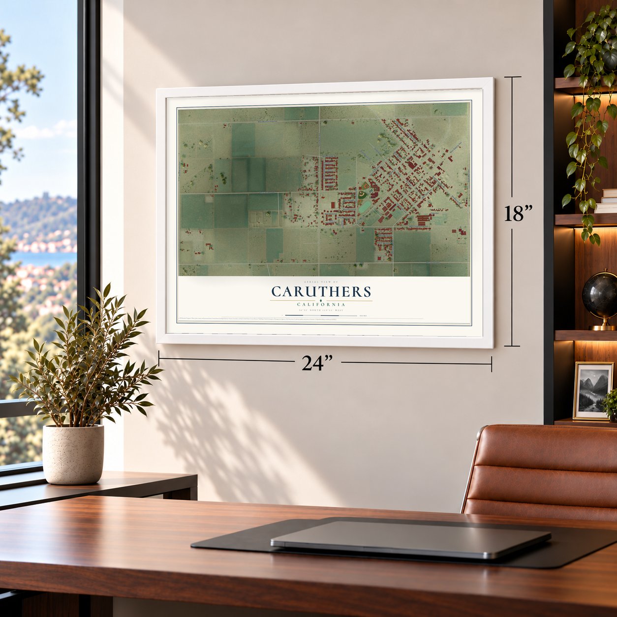 Caruthers, California map, 18 x 24 inch print in a white frame in a home office