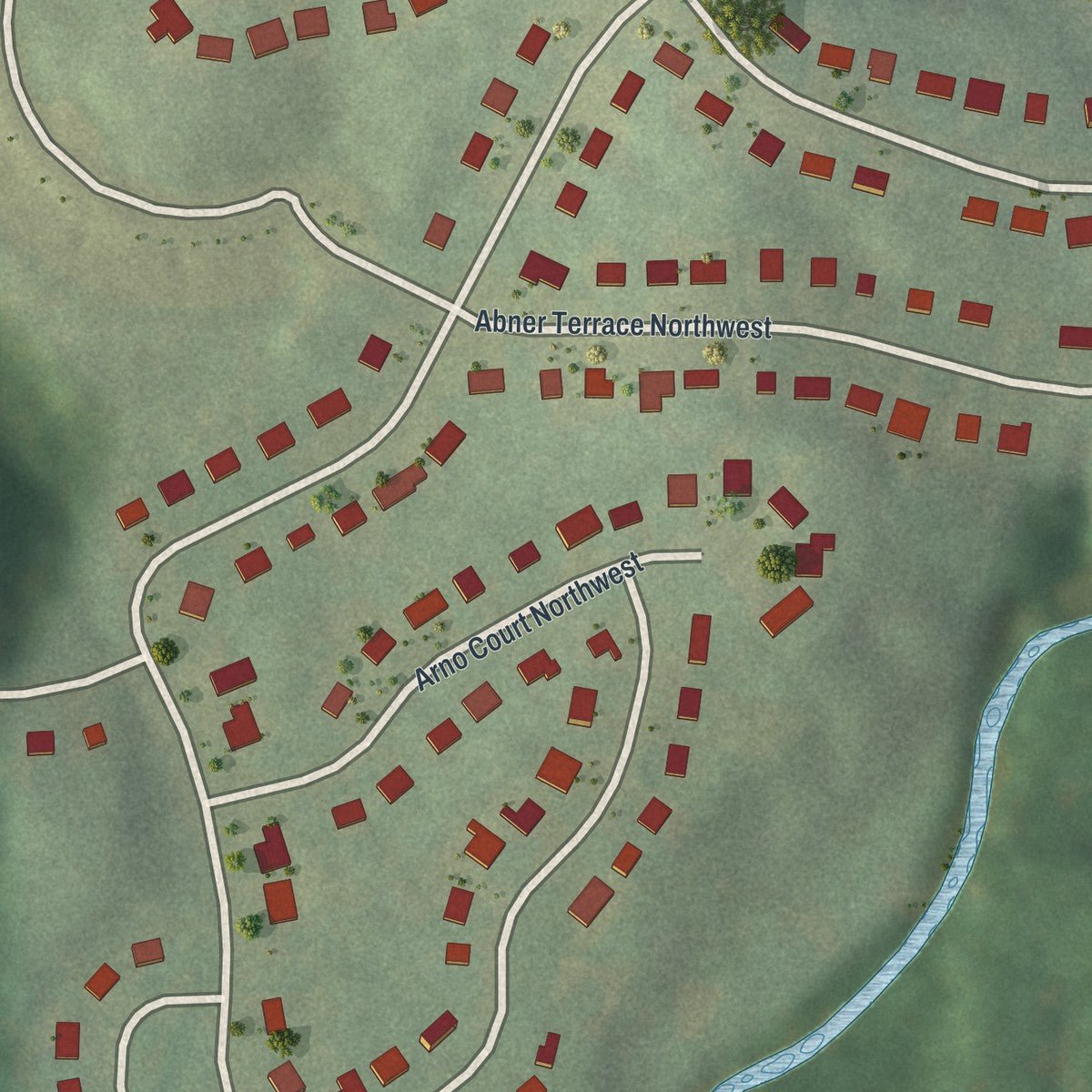 Second close-up of the map of Carver Hills, Georgia print showing more streets and buildings