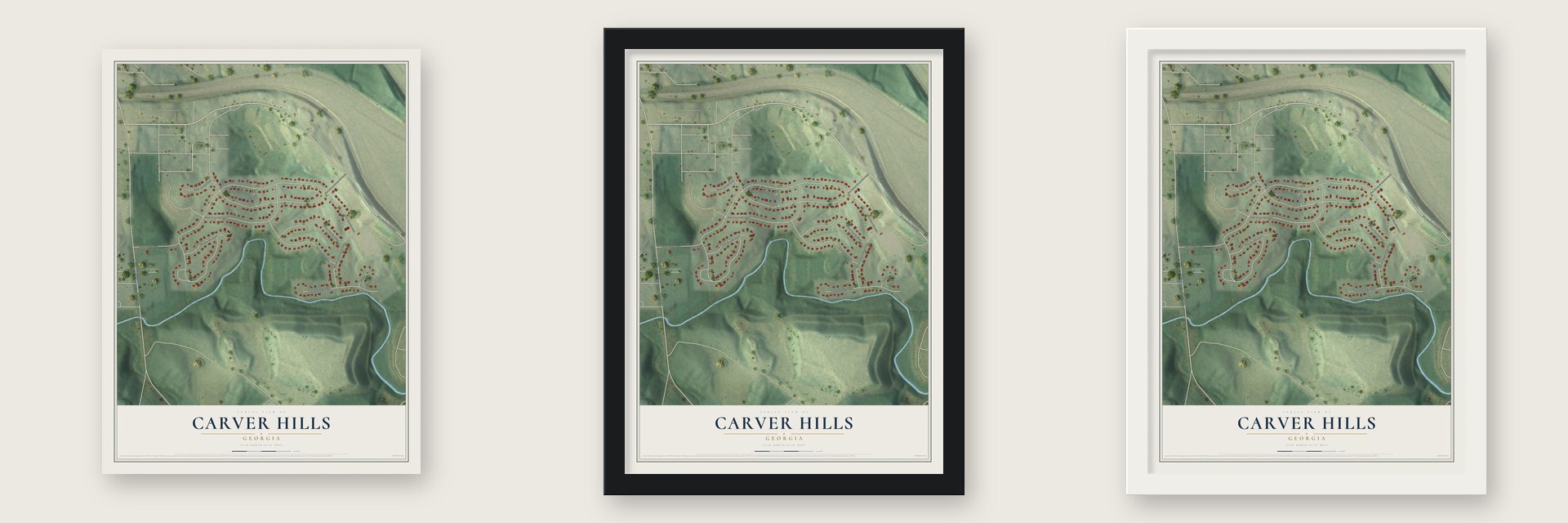 Carver Hills, Georgia map unframed, in a black wood frame and in a white wood frame