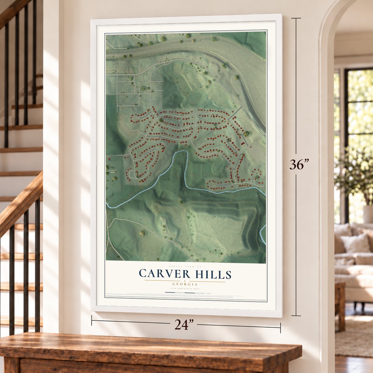 Carver Hills, Georgia map, 24 x 36 inch print in a white frame by a staircase