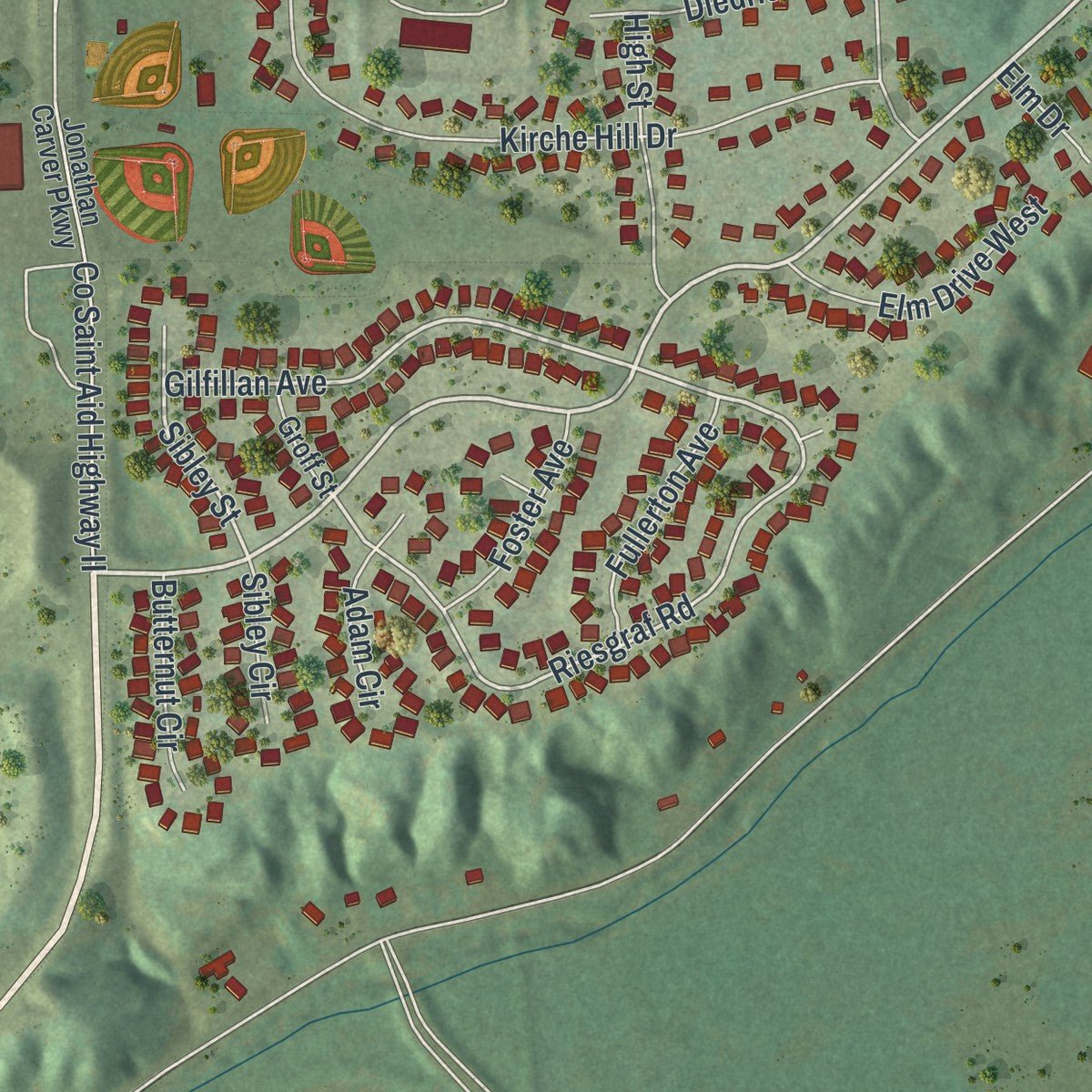 Second close-up of the map of Carver, Minnesota print showing more streets and buildings