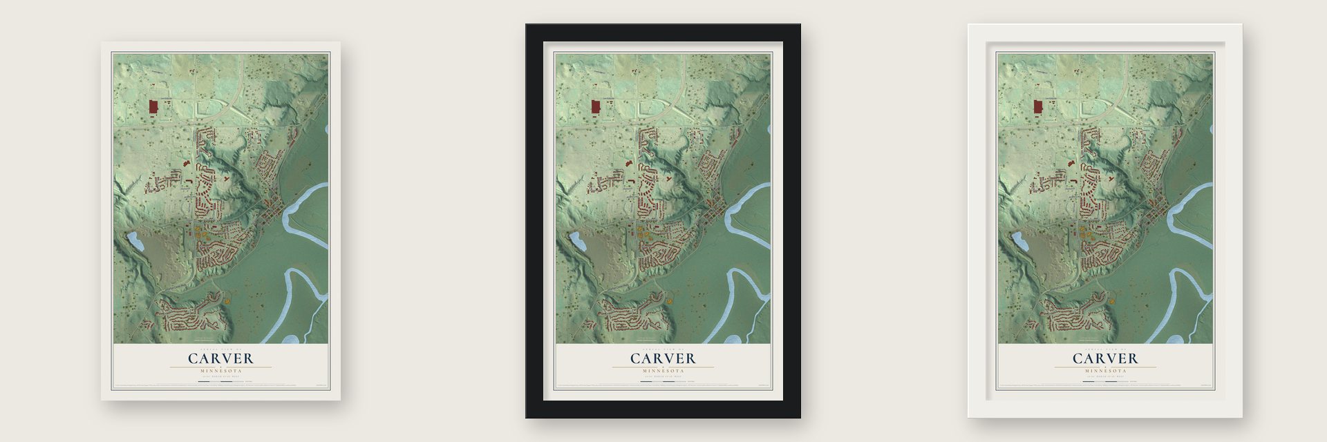 Carver, Minnesota map unframed, in a black wood frame and in a white wood frame