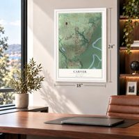 Carver, Minnesota map, 18 x 24 inch print in a white frame in a home office