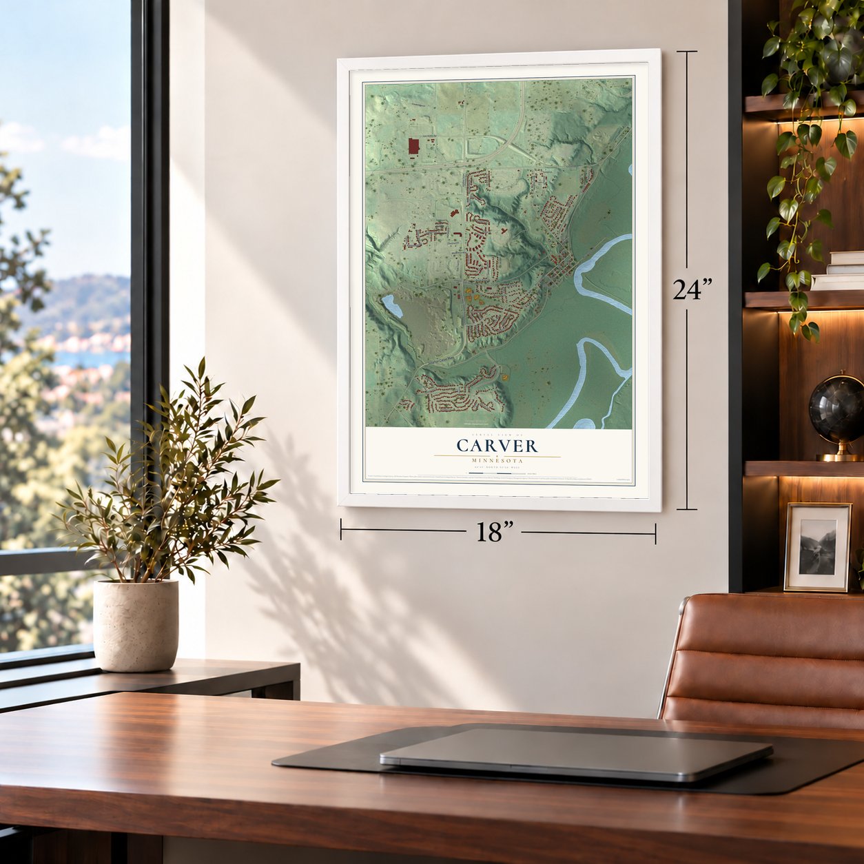Carver, Minnesota map, 18 x 24 inch print in a white frame in a home office