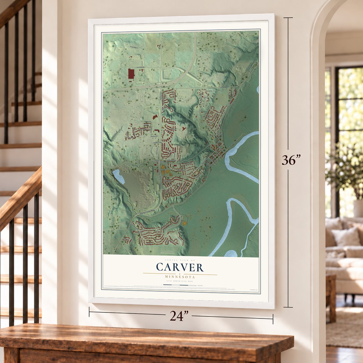 Carver, Minnesota map, 24 x 36 inch print in a white frame by a staircase