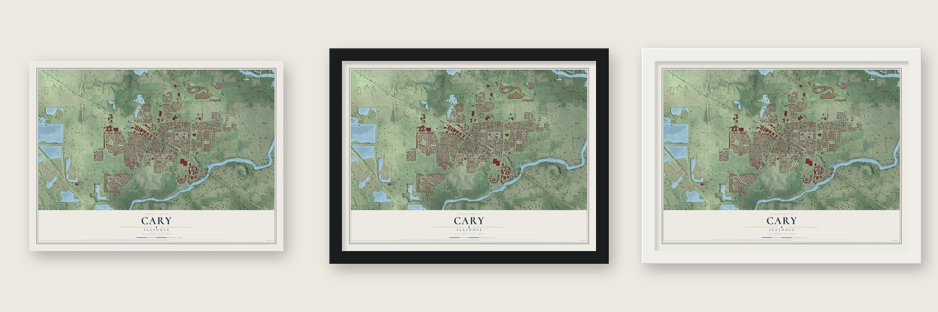 Cary, Illinois map unframed, in a black wood frame and in a white wood frame