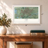 Cary, Illinois map, 12 x 18 inch print in a white frame in an entryway
