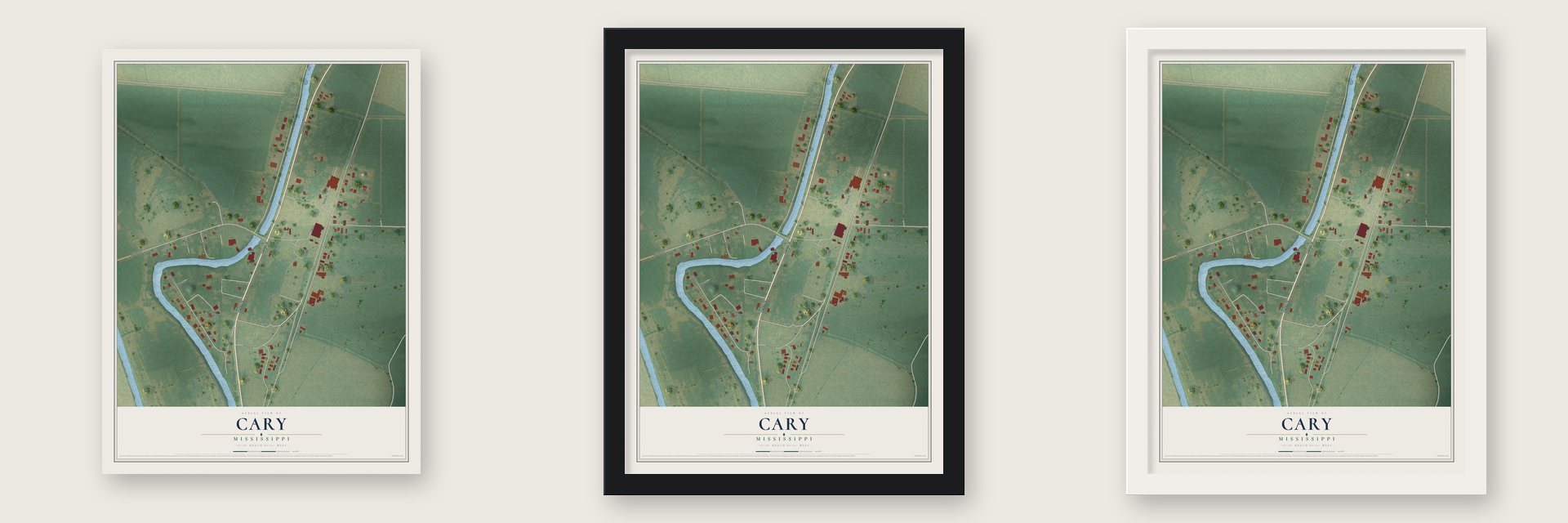 Cary, Mississippi map unframed, in a black wood frame and in a white wood frame