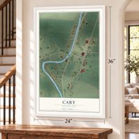 Cary, Mississippi map, 24 x 36 inch print in a white frame by a staircase