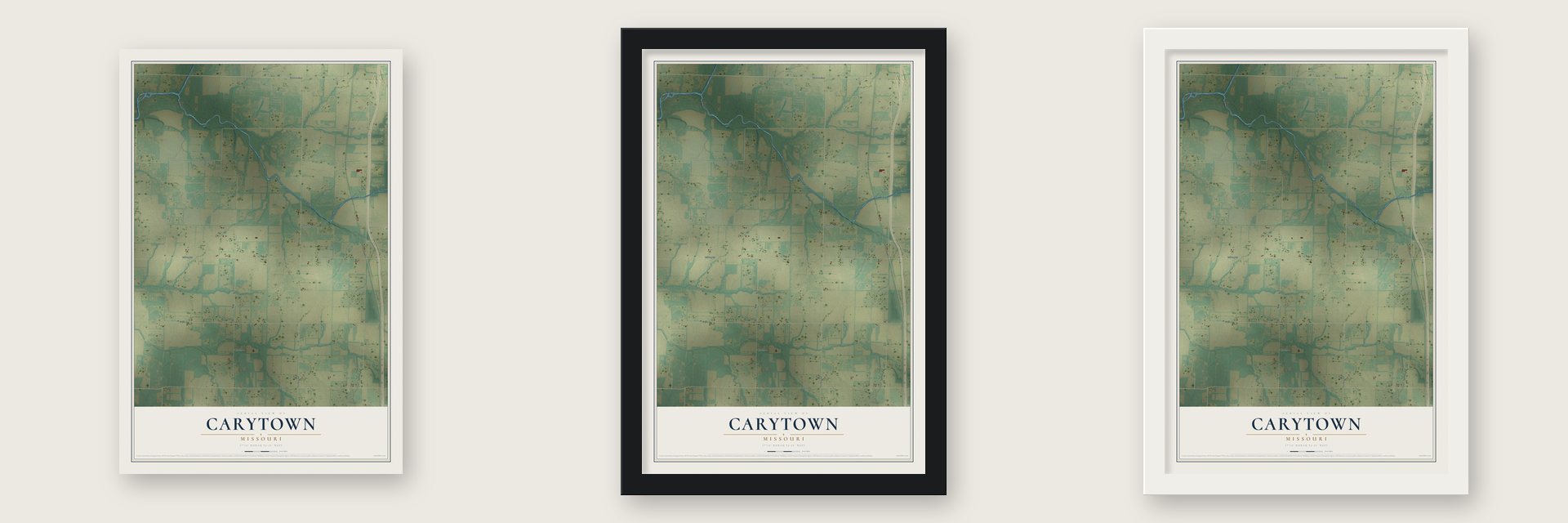Carytown, Missouri map unframed, in a black wood frame and in a white wood frame