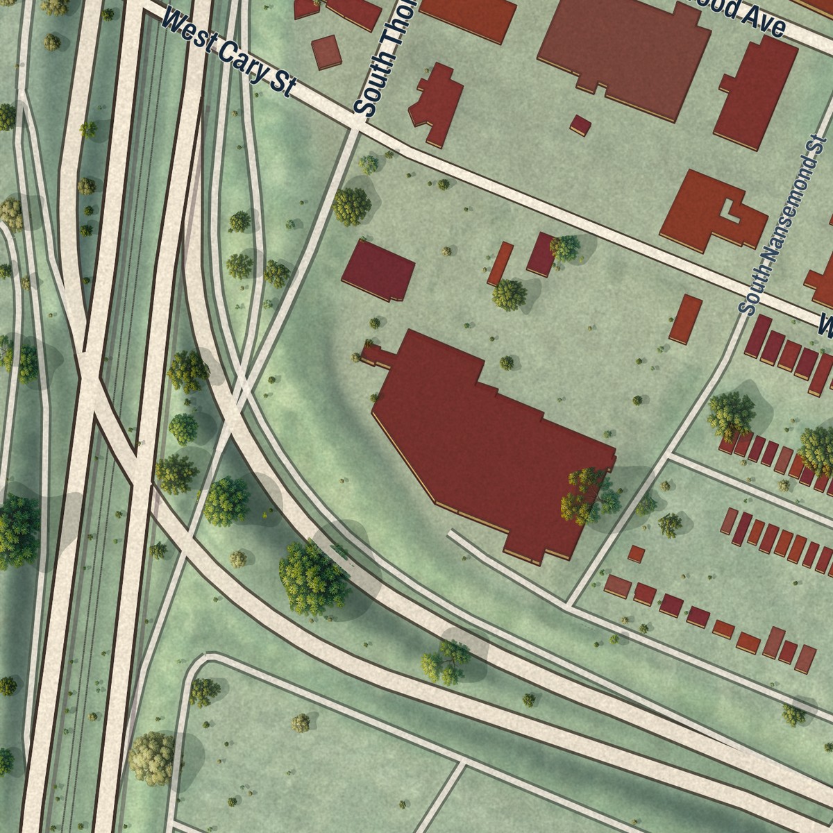 Second close-up of the map of Carytown, Virginia print showing more streets and buildings