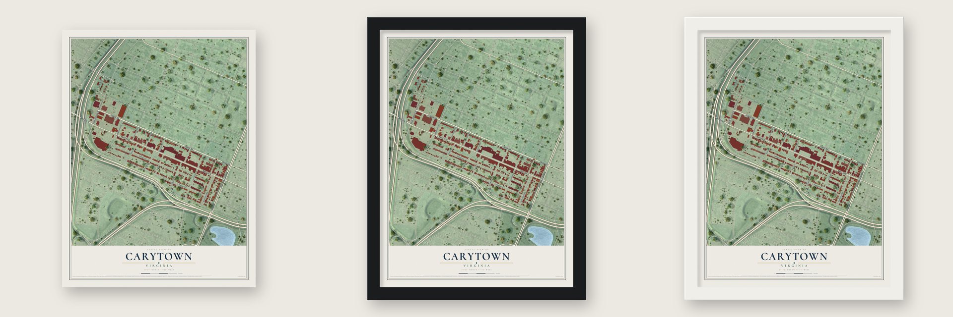 Carytown, Virginia map unframed, in a black wood frame and in a white wood frame