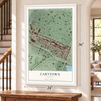 Carytown, Virginia map, 24 x 36 inch print in a white frame by a staircase