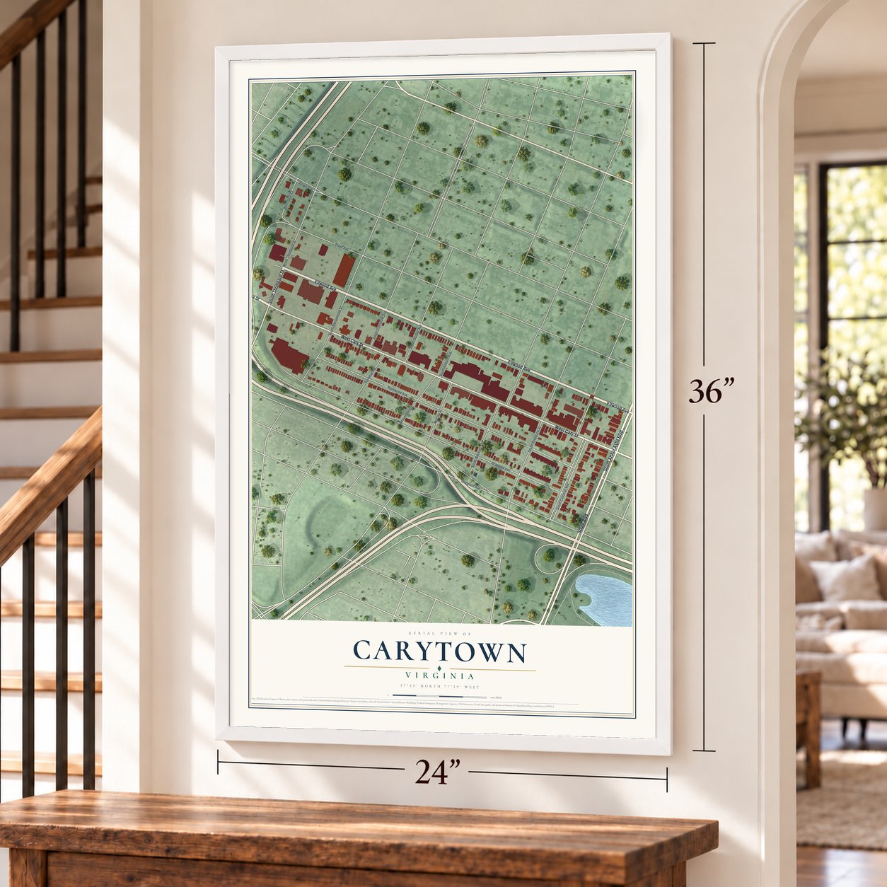 Carytown, Virginia map, 24 x 36 inch print in a white frame by a staircase