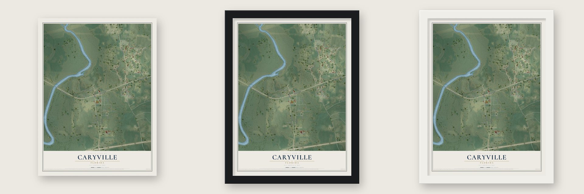 Caryville, Florida map unframed, in a black wood frame and in a white wood frame