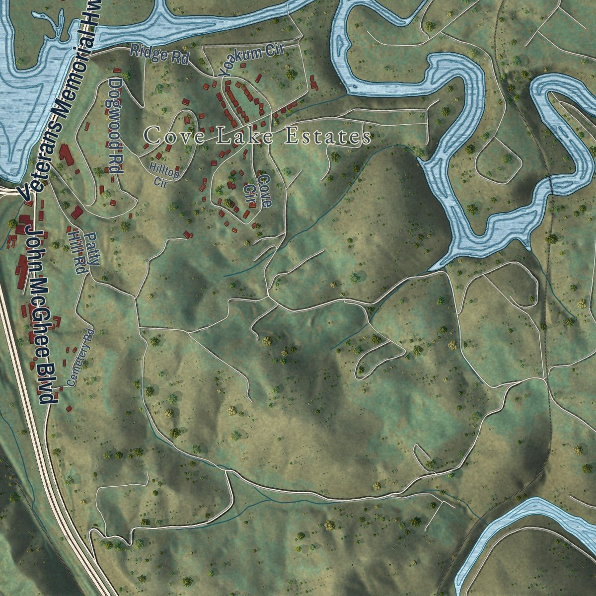 Second close-up of the map of Caryville, Tennessee print showing more streets and buildings