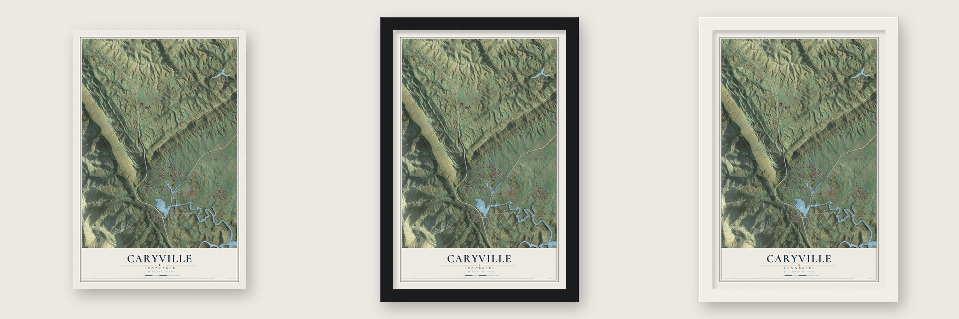 Caryville, Tennessee map unframed, in a black wood frame and in a white wood frame