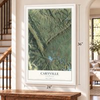 Caryville, Tennessee map, 24 x 36 inch print in a white frame by a staircase
