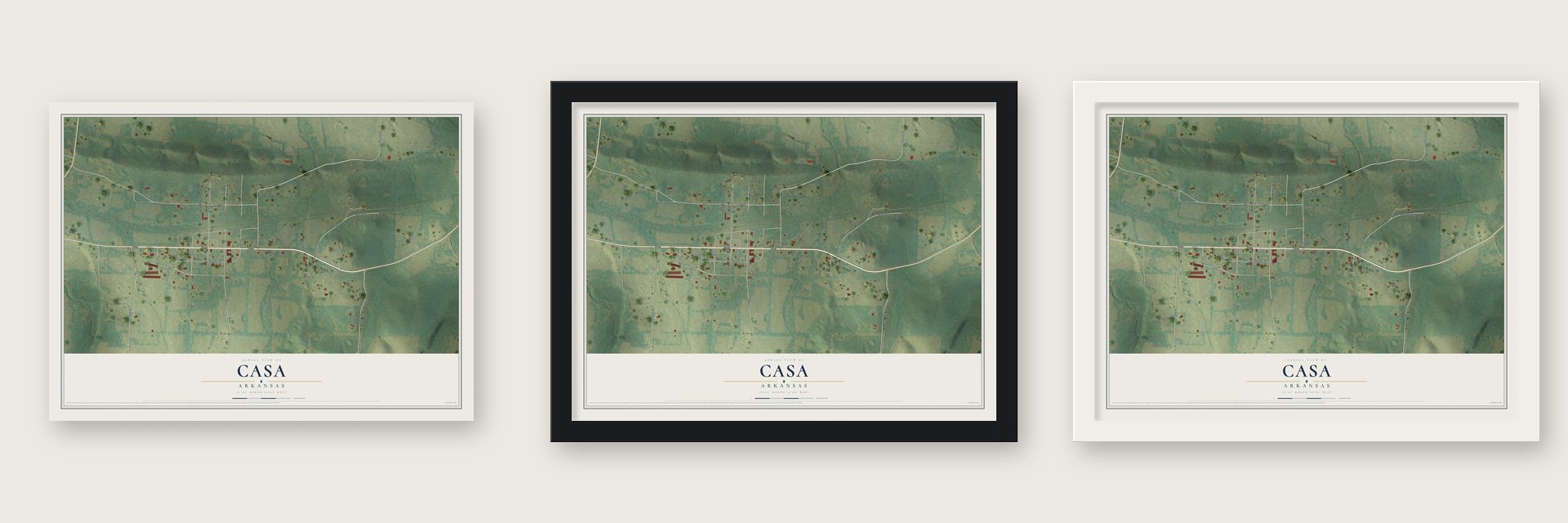 Casa, Arkansas map unframed, in a black wood frame and in a white wood frame
