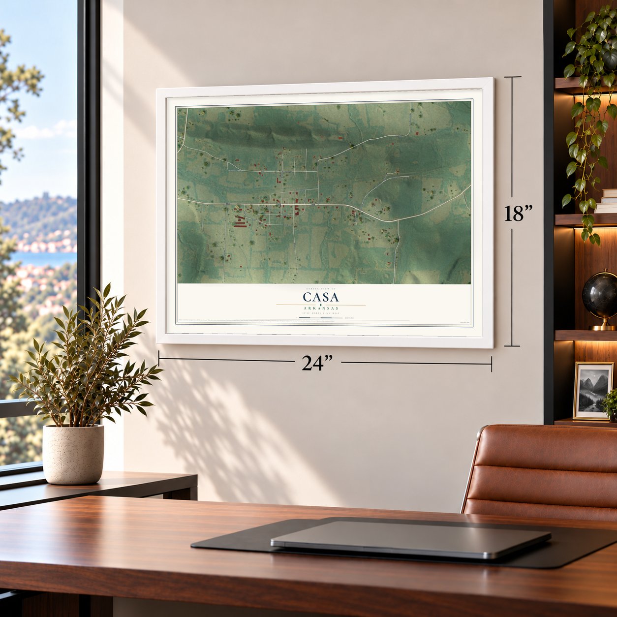 Casa, Arkansas map, 18 x 24 inch print in a white frame in a home office