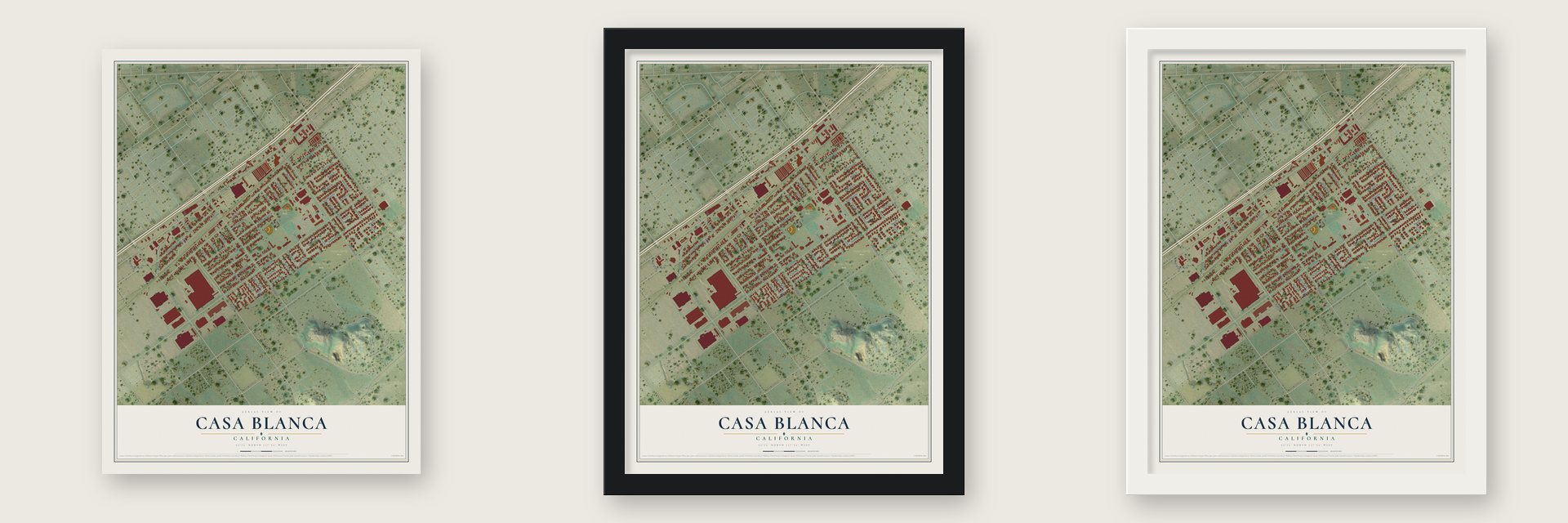 Casa Blanca, California map unframed, in a black wood frame and in a white wood frame
