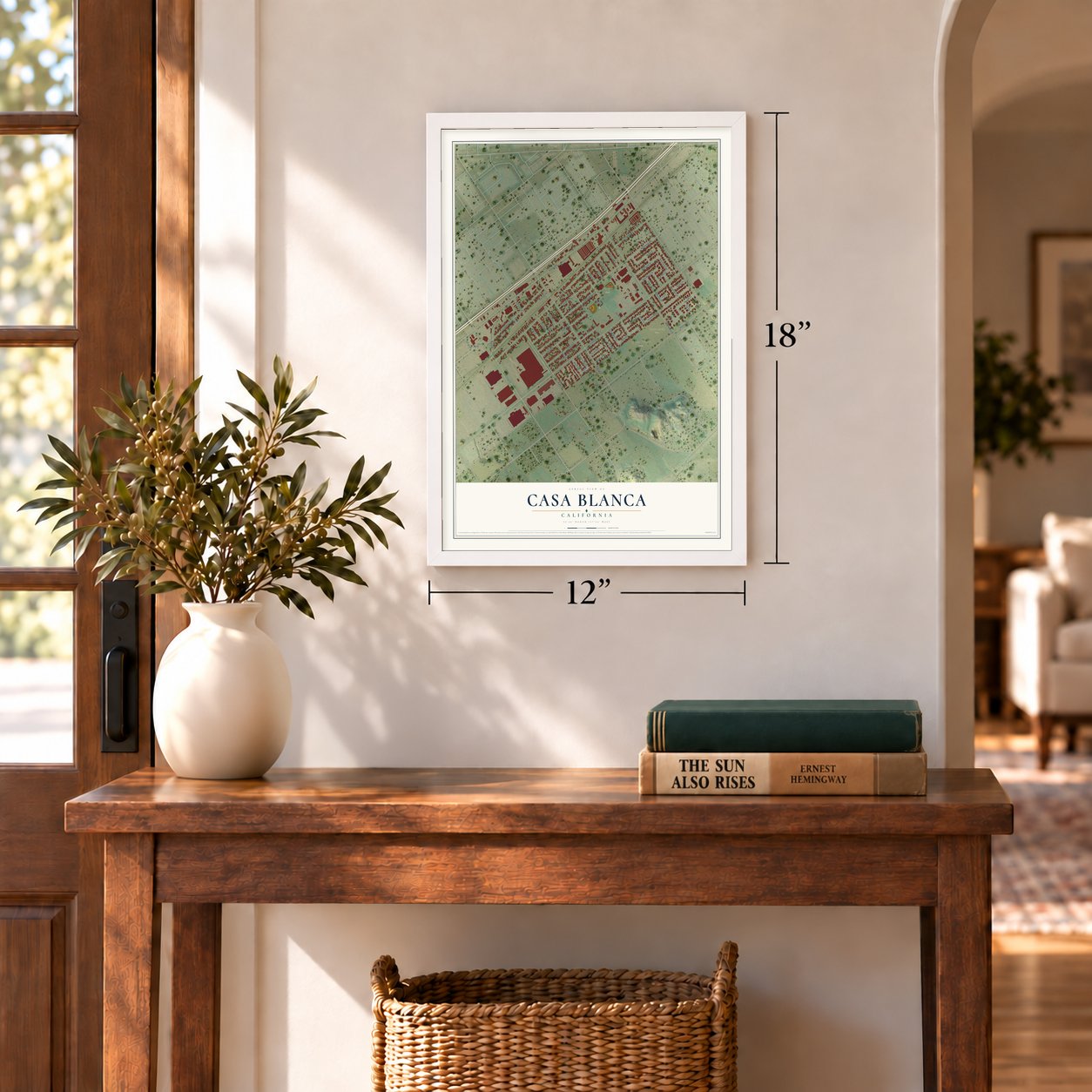 Casa Blanca, California map, 12 x 18 inch print in a white frame in an entryway