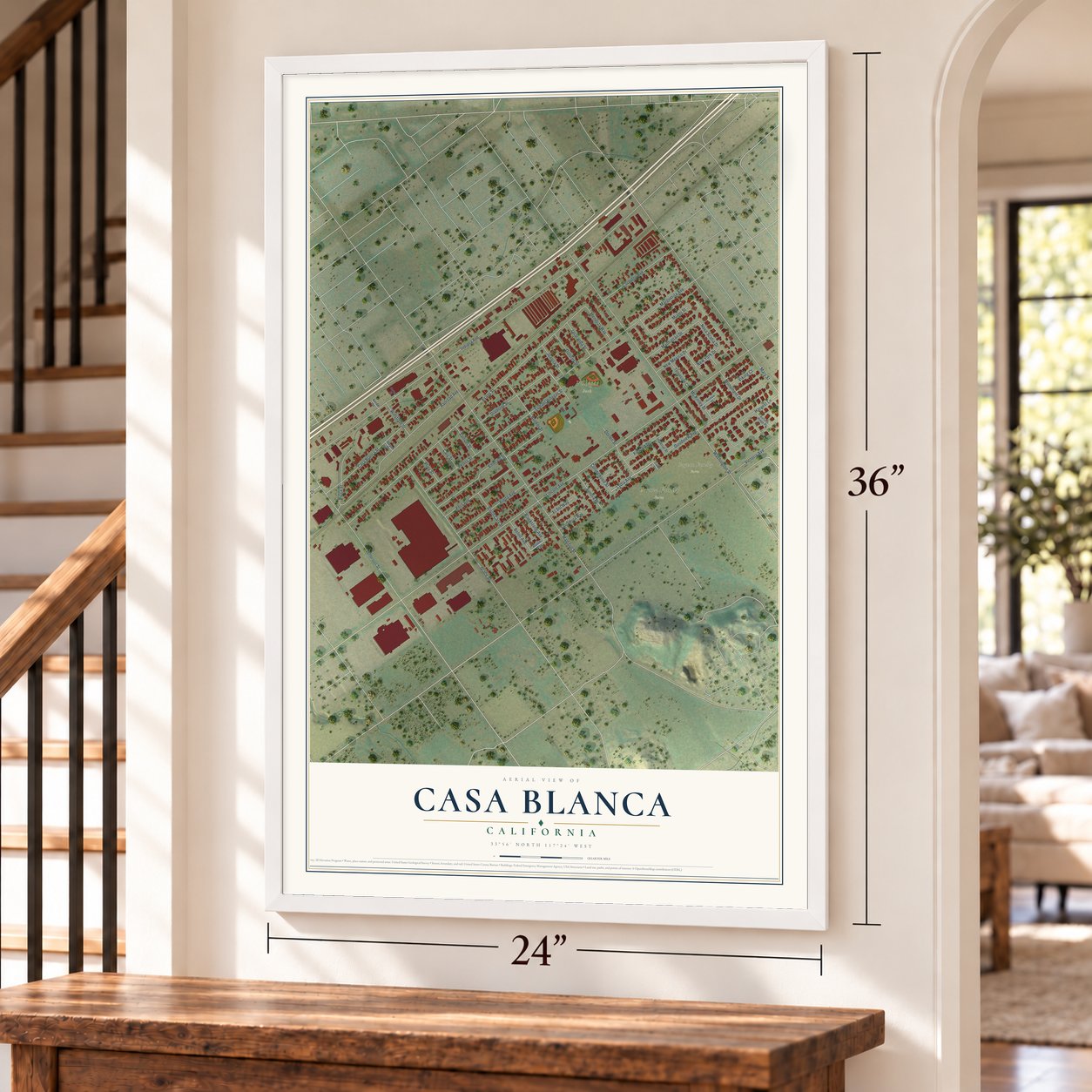 Casa Blanca, California map, 24 x 36 inch print in a white frame by a staircase