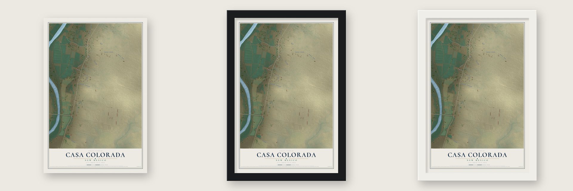 Casa Colorada, New Mexico map unframed, in a black wood frame and in a white wood frame