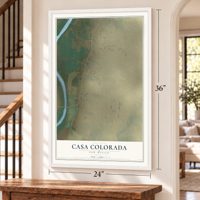Casa Colorada, New Mexico map, 24 x 36 inch print in a white frame by a staircase