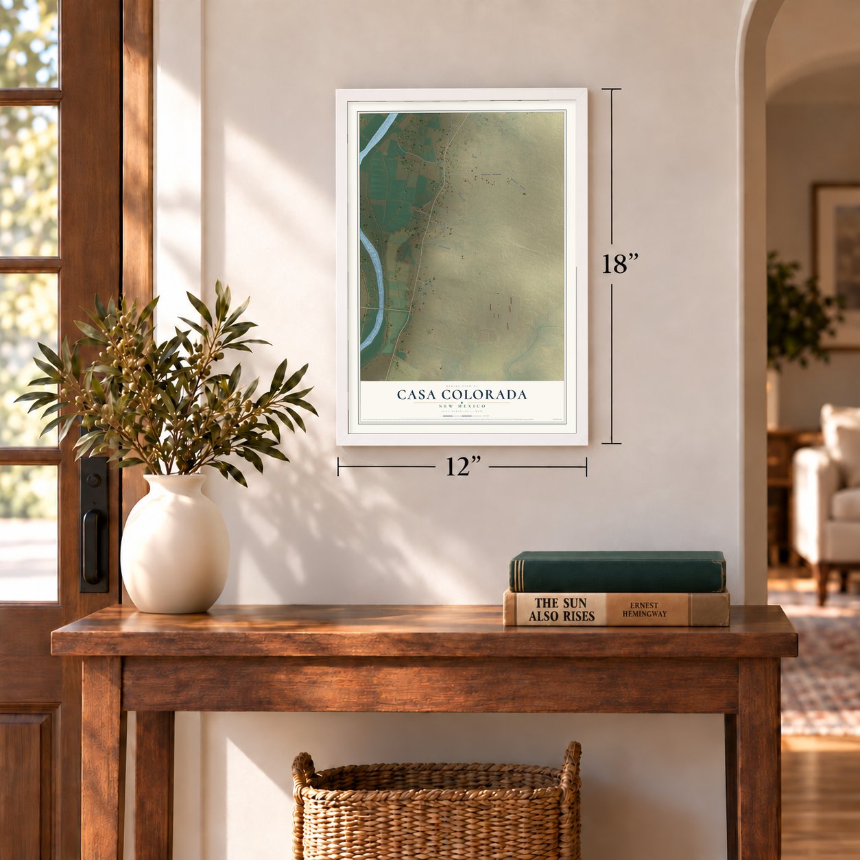 Casa Colorada, New Mexico map, 12 x 18 inch print in a white frame in an entryway