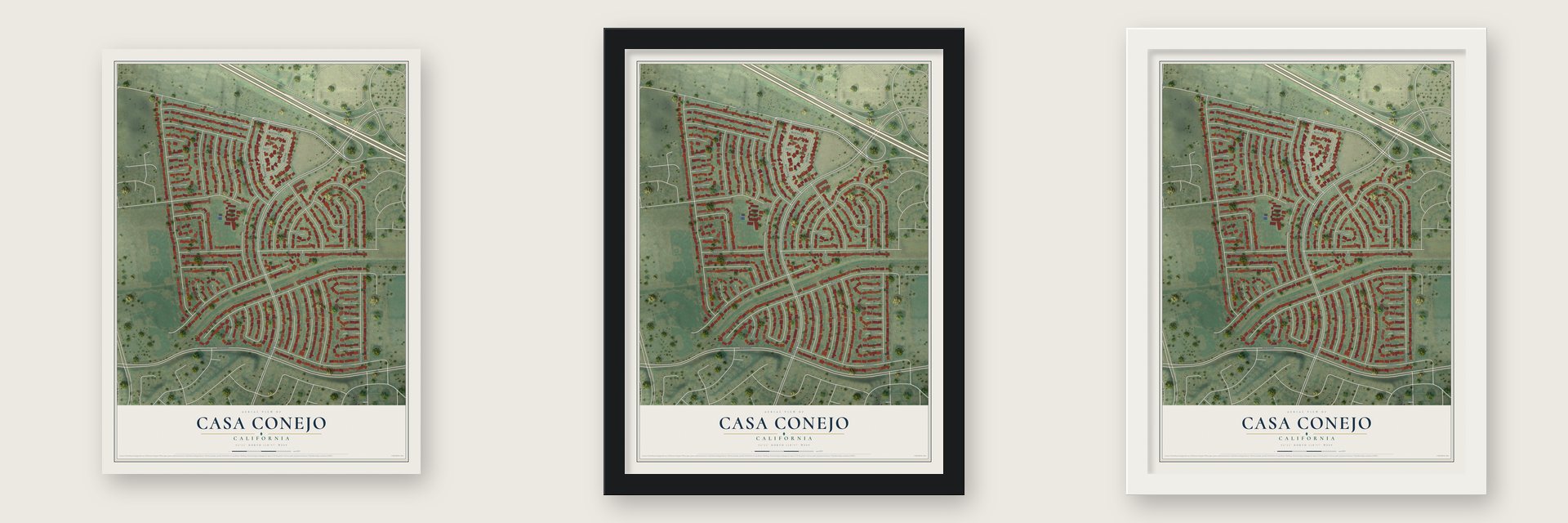 Casa Conejo, California map unframed, in a black wood frame and in a white wood frame